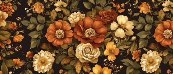Fototapeta premium Elegant Autumnal Floral Pattern: Dark Background with Orange, Cream, and Gold Blooms