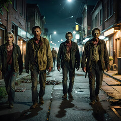 Fototapeta premium a group of zombies walking down a street at night