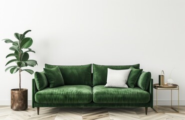 Green Velvet Sofa in Minimalist Living Room Interior with White Wall