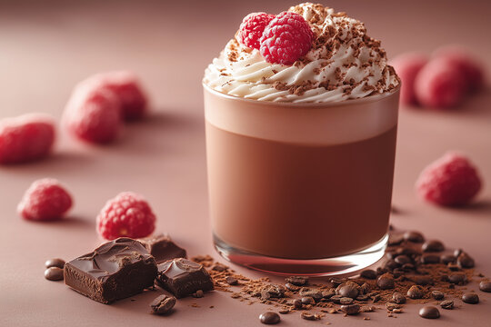Gourmet hot chocolate dessert with whipped cream and raspberries