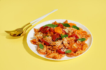 Plate of tasty pasta with tomato and basil on yellow background