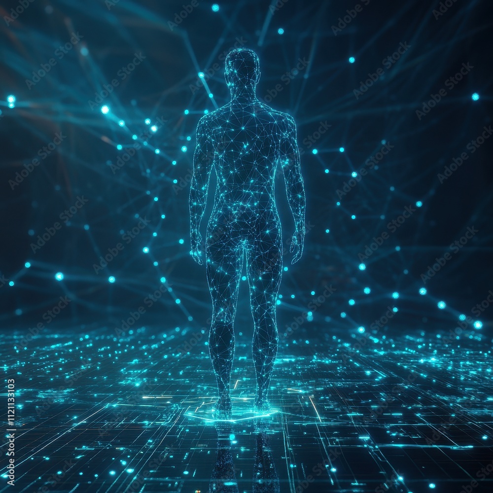 Poster digital human standing on a networked surface
