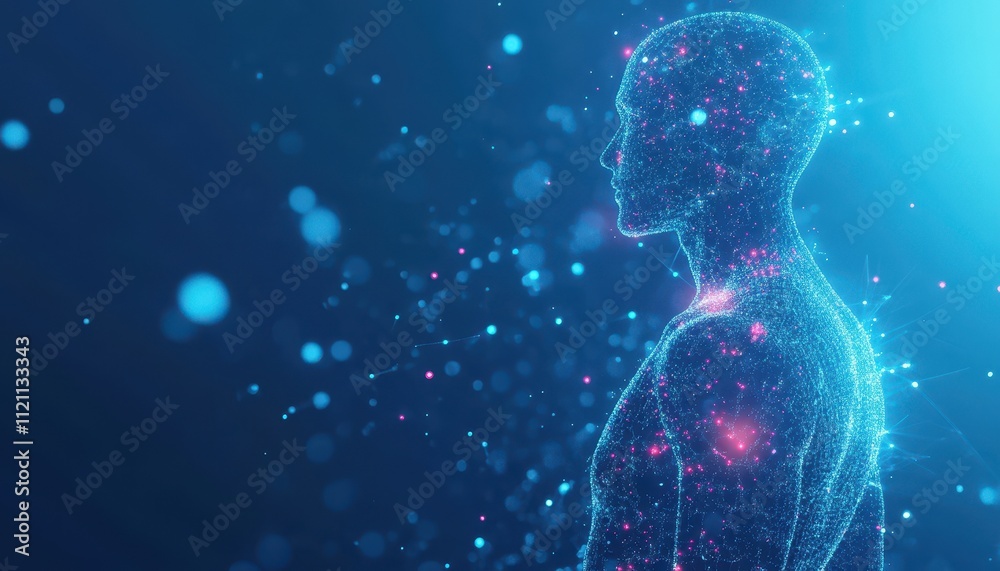 Poster abstract digital human form glowing particles