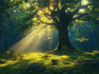 Fototapeta premium A tree is in the foreground of a forest