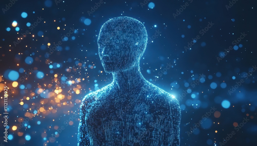Poster digital human form illuminated by sparkling particles