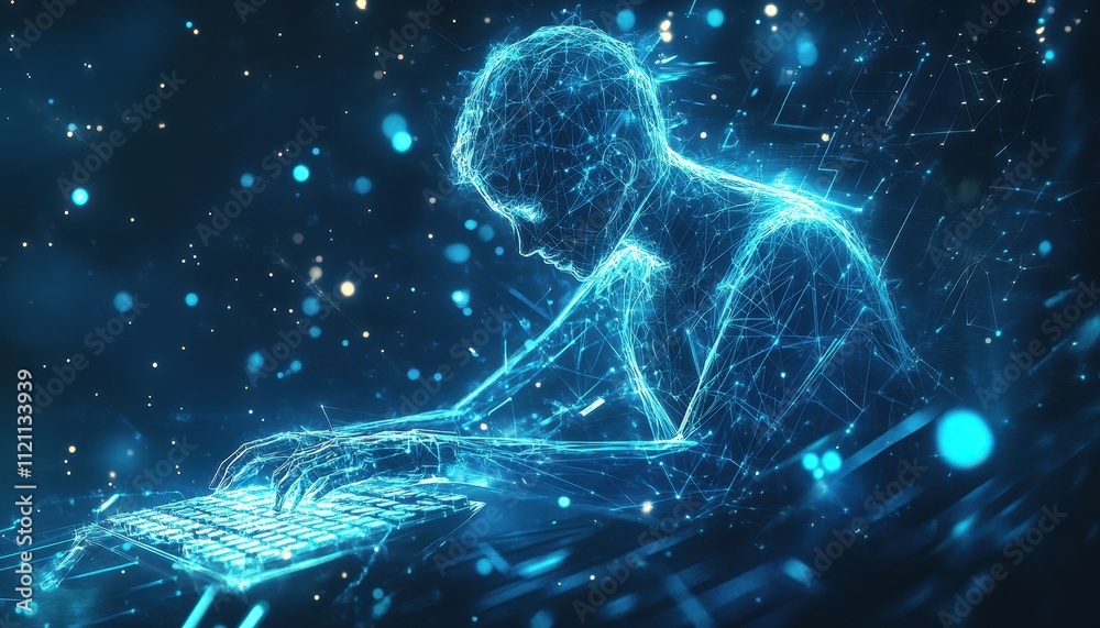 Poster digital being interacts with a futuristic keyboard