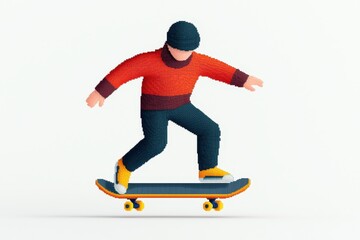 Fototapeta premium A colorful 3D figure performs a skateboard trick, showcasing a dynamic pose in a playful, stylized environment.