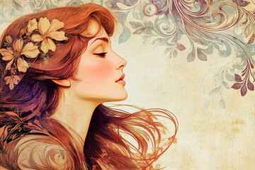 Illustration of a serene woman with flowing red hair and floral embellishments, set against an ornate patterned background.
