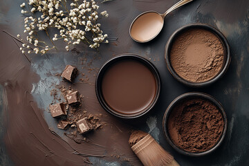Top down view of chocolate and coffee powders in bowls with a chocolate coffee dessert as a concept for Pantone's 2025 colour of the year mocha mousse