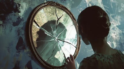 Shattered Reflection Woman, Broken Mirror, Dark, Mysterious, Teal, Vintage, Crack, Distorted, Image