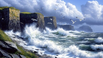 A wild and rugged coastline with steep cliffs, crashing waves, and a stormy sky 