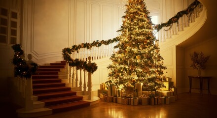 Fototapeta premium Elegant staircase, Christmas tree with lights, festive decorations, luxurious interior, white walls, grand entrance, gifts wrapped in gold and silver, cozy and opulent atmosphere, large windows, class