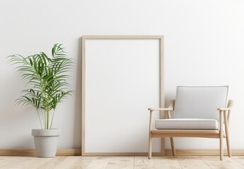 Minimalist living room interior with a blank frame. armchair. and potted plant