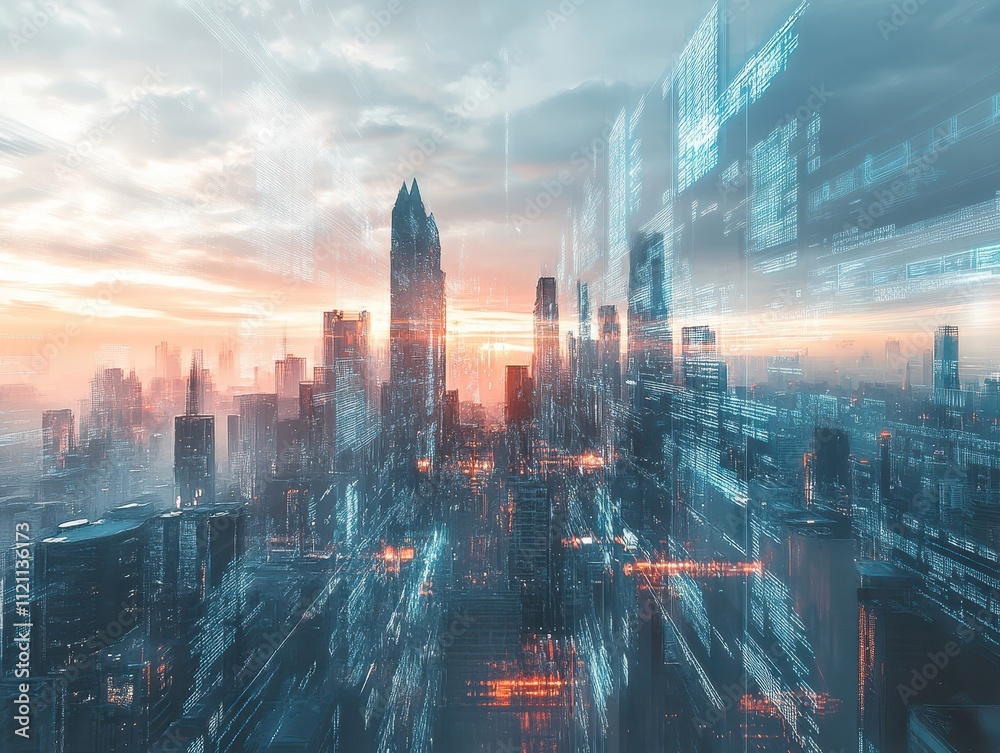 Poster futuristic cityscape with digital data overlay at sunset