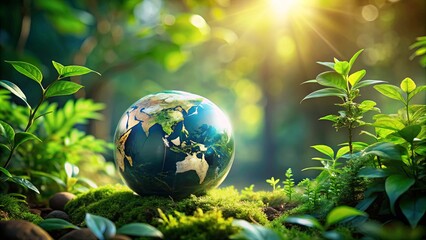 A Miniature Earth Resting on Lush Greenery in Bright Sunlight, Representing Environmental Conservation and Sustainable Practices