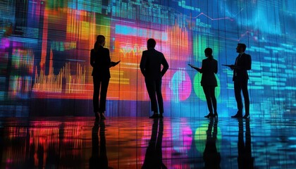 Businesspeople Analyze Vibrant Data Visualization Wall