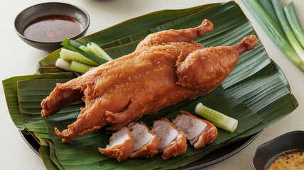 Crispy Fried Duck on Banana Leaves

