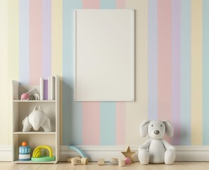 Blank canvas mockup in a pastel striped nursery with toys and books