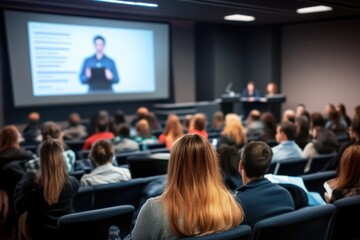 Fototapeta premium Diverse audience engaged in a presentation in a modern conference room. Focus on screen and speaker.