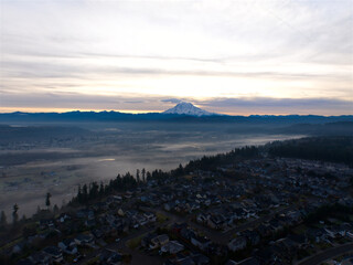 Suburban Neighborhood with Mount Rainier at Sunrise