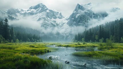 Naklejka premium Picturesque views of mountains, valleys, lakes, and rivers.