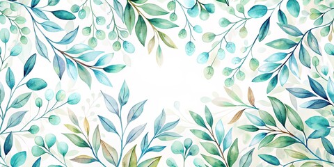 Elegant Watercolor Floral Frame with Soft Teal and Green Leaves