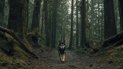 Obraz premium Majestic Husky Dog Walking Forest Trail Mossy Trees Nature