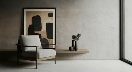 minimalist interior, modern living room, gray tones, sleek armchair, large window, natural light, concrete walls, abstract art, contemporary design, calm atmosphere
