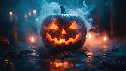 Fototapeta premium Spooky Halloween fog machine creates a mysterious atmosphere with glowing jack-o'-lanterns