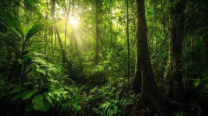 Obraz premium A wild and untamed jungle with thick undergrowth, towering trees, and the distant calls of wildlife