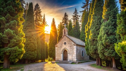Naklejka premium Serene Sunset Illumination of a Stone Chapel Nestled Amongst Tall Evergreen Trees