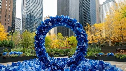 World diabetes day celebration in urban park with blue circle sculpture