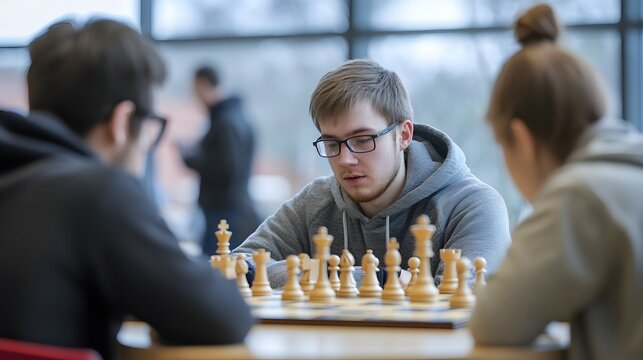 Students playing chess during a club meeting, with intense focus on the game boards.