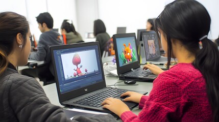 Students in a computer science club, creating 3D designs and animations on laptops.