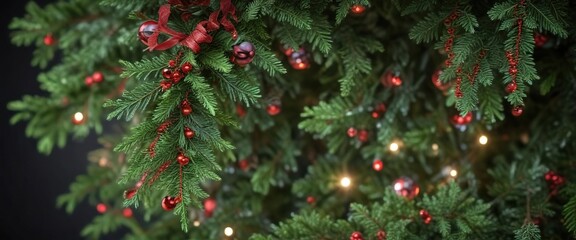 Red and green tinsel swags around the branches of a miniature evergreen tree, red and green garland, tinsel wraps