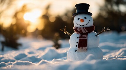 A cheerful snowman stands in a snowy landscape at sunset, wearing a black hat, scarf, and a bright smile.