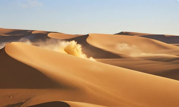 A serene desert landscape showcasing rolling sand dunes under a clear blue sky.