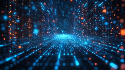 Obraz premium Abstract digital tunnel with blue and orange glowing particles