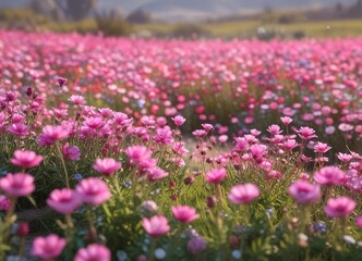 Obraz premium Soft focus on a vibrant pink flower field with colorful blossoms swaying gently in the breeze, garden scene, abstract flowers, colorful blooms