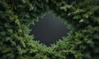 Dense evergreen branches forming a triangular shape with a rounded top, evergreen, Christmas decoration