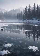 Fototapeta premium Snowflakes gently falling on a frozen lake during Christmas Day, lake, peaceful