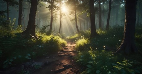 Naklejka premium soft sunlight casts dappled shadows on the forest floor as fireflies illuminate the lush undergrowth, dappled, fireflies