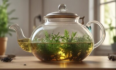 Tranquil scene of glass teapot with herbal infusion, peaceful, infusion