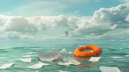 Obraz premium A symbolic image of tax relief, represented by a lifebuoy and documents floating above water.