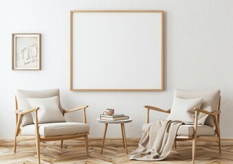 Two beige armchairs with wooden frames face each other around a small table in a white room with wood floors and a large blank frame above them