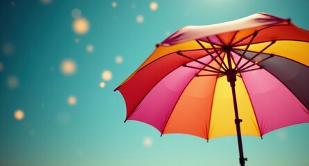 Parasol (Beach Holidays) – A colorful umbrella casting shade on the sandy beach, glowing fireflies illuminating the scene in warm, inviting tones in 4k HD.