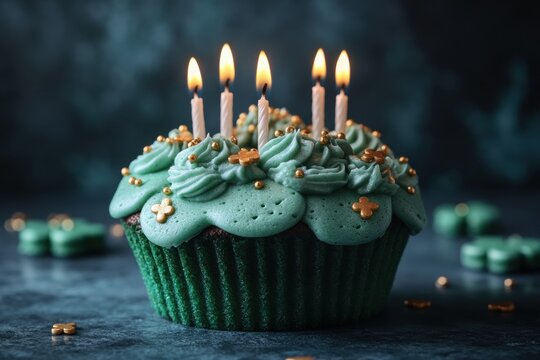 Celebratory cupcake with green shamrock decor and lit candles for st. patrick's day