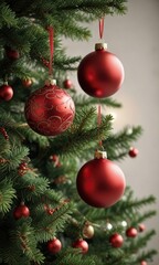 Fototapeta premium Red and green ornaments hanging from a Christmas tree branch, christmas tree, garland, color