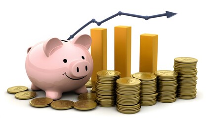 A piggy bank surrounded by stacks of coins and a bar graph showing steady growth.
