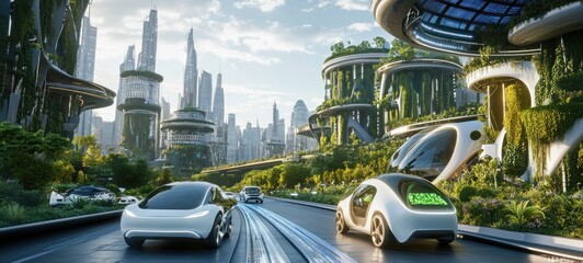 Eco-Friendly Futuristic Cityscape: Autonomous Vehicles on a Green Highway